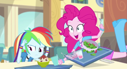 Size: 1040x568 | Tagged: safe, screencap, character:pinkie pie, character:rainbow dash, episode:pinkie on the one, equestria girls:rainbow rocks, g4, my little pony:equestria girls, boot, bracelet, cup, everything is ruined, food, fork, jewelry, pasta, raised leg, salad, spaghetti, strawberry milk, tray, wristband