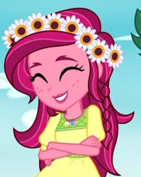 Size: 428x537 | Tagged: safe, screencap, character:gloriosa daisy, equestria girls:legend of everfree, g4, my little pony:equestria girls, cropped, cute, daisybetes, giggling, grin, happy, magical geodes, smiling, solo