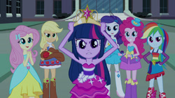 Size: 1539x866 | Tagged: safe, screencap, character:applejack, character:fluttershy, character:pinkie pie, character:rainbow dash, character:rarity, character:spike, character:twilight sparkle, equestria girls:equestria girls, g4, my little pony:equestria girls, balloon, big crown thingy, boots, bracelet, canterlot high, clothing, cowboy boots, cowboy hat, crown, cute, doors, hand on hip, hat, high heel boots, humane six, jewelry, looking at you, mane six, regalia, top hat, twilight ball dress, wings