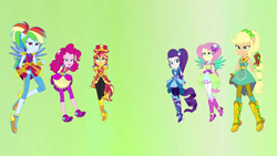 Size: 1280x720 | Tagged: safe, screencap, character:applejack, character:fluttershy, character:pinkie pie, character:rainbow dash, character:rarity, character:sunset shimmer, character:twilight sparkle, equestria girls:legend of everfree, g4, my little pony:equestria girls, abstract background, balloon, boots, chains, clothing, crystal wings, cute, gloves, hands behind back, high heel boots, humane five, jewelry, lidded eyes, mane six, ponied up, pony ears, ponytail, shoes, sneakers, sparkles, sun, super ponied up, wings