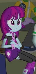 Size: 248x500 | Tagged: safe, screencap, character:captain planet, character:microchips, character:mystery mint, episode:all's fair in love & friendship games, equestria girls:friendship games, g4, my little pony:equestria girls, background human, boots, bracelet, clothing, high heel boots, jewelry, pants, pantyhose, ripped pantyhose, scarf, shoes, skirt, sneakers