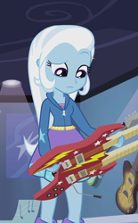 Size: 410x662 | Tagged: safe, screencap, character:trixie, episode:guitar centered, equestria girls:rainbow rocks, g4, my little pony:equestria girls, clothing, electric guitar, guitar, hoodie, jacket, looking down, music notes, skirt, solo