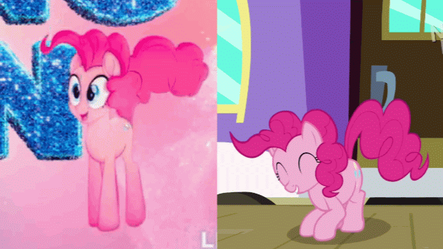 Size: 640x360 | Tagged: safe, screencap, character:pinkie pie, species:earth pony, species:pony, my little pony: the movie (2017), animated, bouncing, comparison, cute, diapinkes, gif, hoofy-kicks, jumping, pronking, smiling, video