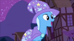Size: 1920x1080 | Tagged: safe, screencap, character:trixie, species:pony, species:unicorn, episode:magic duel, g4, my little pony: friendship is magic, cape, clothing, hat, open mouth, solo, trixie's cape, trixie's hat
