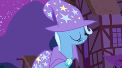 Size: 1280x720 | Tagged: safe, screencap, character:trixie, species:pony, species:unicorn, episode:magic duel, g4, my little pony: friendship is magic, cape, clothing, eyes closed, grin, hat, smiling, solo, trixie's cape, trixie's hat