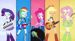 Size: 1280x714 | Tagged: safe, screencap, character:applejack, character:fluttershy, character:pinkie pie, character:rainbow dash, character:rarity, equestria girls:rainbow rocks, g4, my little pony:equestria girls, bass guitar, better than ever, boots, bracelet, clothing, compression shorts, cowboy boots, cowboy hat, denim skirt, drum kit, drums, electric guitar, eyes closed, freckles, guitar, hat, keytar, logo, microphone, musical instrument, open mouth, playing, singing, skirt, socks, stetson, tambourine, wristband