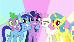 Size: 1920x1080 | Tagged: safe, screencap, character:lemon hearts, character:minuette, character:spike, character:twilight sparkle, character:twilight sparkle (alicorn), character:twinkleshine, species:alicorn, species:dragon, species:pony, species:unicorn, episode:amending fences, g4, my little pony: friendship is magic, grin, looking at you, one eye closed, raised hoof, smiling, wink