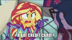 Size: 800x450 | Tagged: safe, screencap, character:sunset shimmer, character:twilight sparkle, character:twilight sparkle (scitwi), species:eqg human, equestria girls:friendship games, g4, my little pony:equestria girls, angry, bat credit card, batman and robin, exploitable meme, image macro, meme, nostalgia critic, sunset yells at twilight