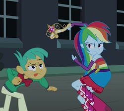 Size: 1047x935 | Tagged: safe, screencap, character:rainbow dash, character:snails, equestria girls:equestria girls, g4, my little pony:equestria girls, big crown thingy, boots, bow tie, canterlot high, clothing, crown, fall formal outfits, freckles, high heel boots, jacket, jewelry, pants, raised leg, regalia, wings