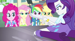 Size: 1062x585 | Tagged: safe, screencap, character:applejack, character:fluttershy, character:pinkie pie, character:rainbow dash, character:rarity, episode:player piano, equestria girls:rainbow rocks, g4, my little pony:equestria girls, bedroom eyes, boots, bracelet, clothing, drum kit, drums, high heel boots, humane five, jewelry, keytar, mane five, musical instrument, skirt