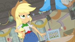 Size: 1100x618 | Tagged: safe, screencap, character:applejack, character:pinkie pie, equestria girls:equestria girls, g4, my little pony:equestria girls, annoyed, apple cider (drink), balloon, basketball net, boots, cider, crate, disco ball, hand on hip, high heel boots