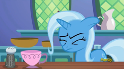 Size: 1645x916 | Tagged: safe, screencap, character:trixie, species:pony, species:unicorn, episode:all bottled up, g4, my little pony: friendship is magic, cup, eyes closed, floppy ears, food, pepper, solo, teacup, that pony sure does love teacups