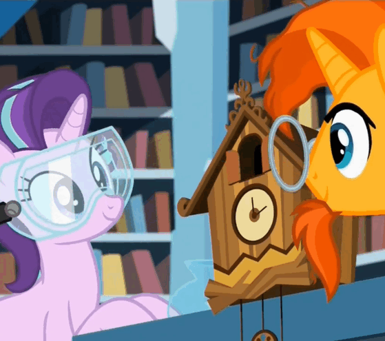 Size: 559x495 | Tagged: safe, screencap, character:princess flurry heart, character:starlight glimmer, character:sunburst, species:alicorn, species:pony, species:unicorn, episode:celestial advice, g4, my little pony: friendship is magic, adorawat, animated, clock, cuckoo clock, cute, facial hair, female, flurrybetes, foal, gif, goatee, goggles, leaning, looking at something, loop, male, mare, open mouth, safety goggles, smiling, spread wings, stallion, wat, wings