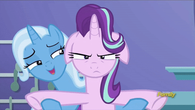 Size: 400x225 | Tagged: safe, screencap, character:starlight glimmer, character:trixie, species:pony, episode:all bottled up, g4, my little pony: friendship is magic, animated, annoyed, cute, diatrixes, discovery family logo, floppy ears, gif, madorable, starlight is not amused, trixie's puppeteering, unamused