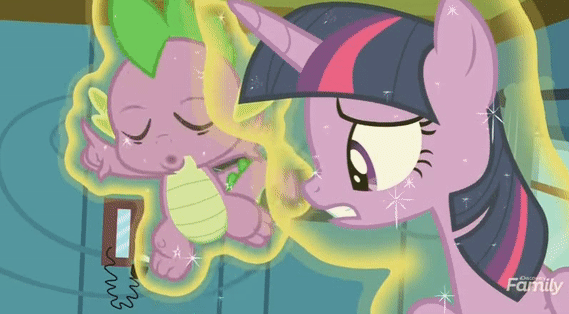 Size: 569x314 | Tagged: safe, screencap, character:aquamarine, character:spike, character:twilight sparkle, character:twilight sparkle (alicorn), species:alicorn, species:dragon, species:pony, episode:a flurry of emotions, g4, my little pony: friendship is magic, animated, bed, gif, hospital bed, magic, telekinesis