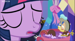 Size: 1071x597 | Tagged: safe, screencap, character:discord, character:twilight sparkle, character:twilight sparkle (alicorn), species:alicorn, species:pony, episode:celestial advice, g4, my little pony: friendship is magic, bathing, clothing, cup, eyes closed, hat, micro, shower cap, shrunk, soap, teacup