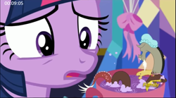 Size: 1071x597 | Tagged: safe, screencap, character:discord, character:twilight sparkle, character:twilight sparkle (alicorn), species:alicorn, species:pony, episode:celestial advice, g4, my little pony: friendship is magic, bathing, clothing, cup, equestrian pink heart of courage, hat, micro, shower cap, shrunk, teacup