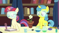 Size: 1135x637 | Tagged: safe, screencap, character:lemon hearts, character:moondancer, species:pony, episode:celestial advice, g4, my little pony: friendship is magic, alchemy, blank flank, cute, discovery family logo, female, filly, flask, flower, flower pot, goggles, lemonbetes, levitation, looking at something, magic, notebook, pen, potion, safety goggles, telekinesis, writing, younger