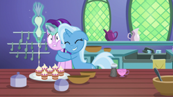 Size: 1280x720 | Tagged: safe, screencap, character:starlight glimmer, character:trixie, species:pony, species:unicorn, episode:all bottled up, g4, my little pony: friendship is magic, cup, cupcake, cute, diatrixes, eyes closed, female, floppy ears, food, hape, happy, hug, kitchen, lip bite, magic, mare, pepper shaker, sink, smiling, teacakes, teacup, whipped cream