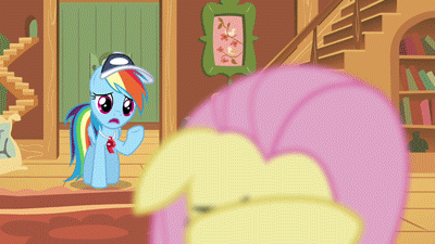 Size: 400x225 | Tagged: safe, screencap, character:fluttershy, character:rainbow dash, episode:hurricane fluttershy, g4, my little pony: friendship is magic, animated, duo, floppy ears, fluttershy's cottage, solo focus