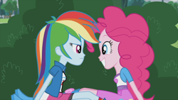 Size: 1366x768 | Tagged: safe, screencap, character:pinkie pie, character:rainbow dash, episode:pinkie spy, equestria girls:friendship games, g4, my little pony:equestria girls, boots, bush, clothing, compression shorts, cute, high heel boots, skirt, smiling, socks