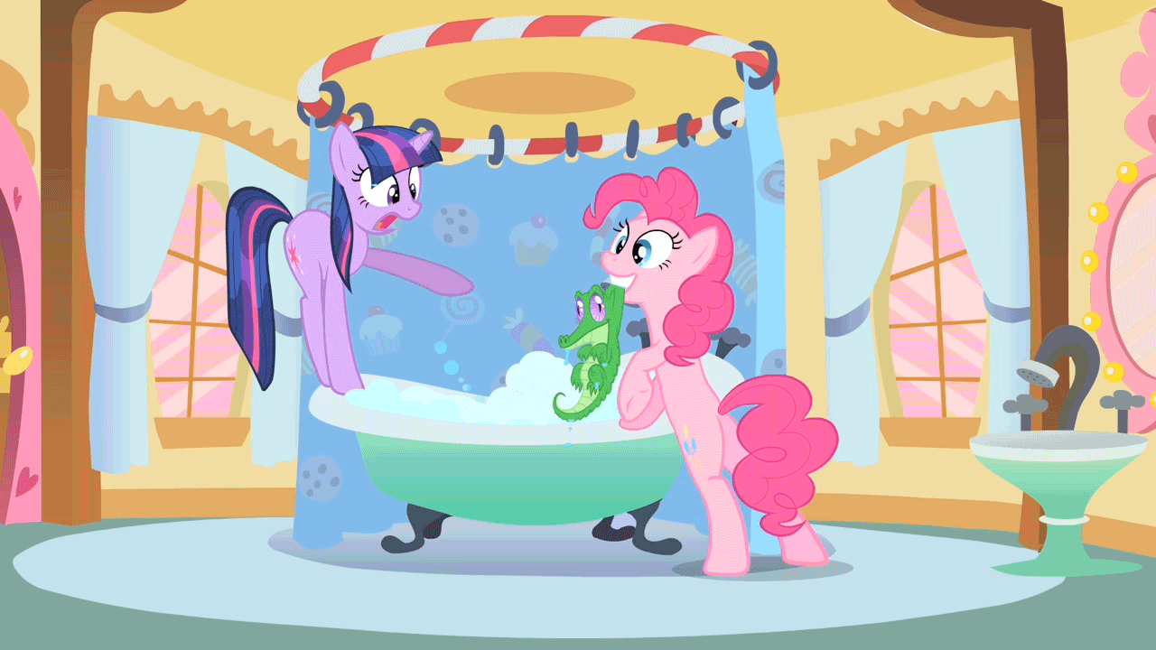 Size: 1280x720 | Tagged: safe, screencap, character:gummy, character:pinkie pie, character:twilight sparkle, episode:feeling pinkie keen, g4, my little pony: friendship is magic, animated, bath, bathtub, behaving like a cat, bubble bath, claw foot bathtub, grin, loop, mouth hold, pinkie cat, pointing, scared, scruff, smiling, twilight cat, wet, wet mane