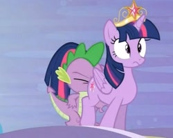 Size: 729x583 | Tagged: safe, screencap, character:spike, character:twilight sparkle, character:twilight sparkle (alicorn), species:alicorn, species:dragon, species:pony, episode:princess twilight sparkle, g4, my little pony: friendship is magic, big crown thingy, cropped, eyes closed, faceful of ass, female, jewelry, male, mare, regalia, spike running into twilight's rear, surprised, wide eyes