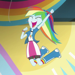 Size: 610x610 | Tagged: safe, screencap, character:rainbow dash, episode:shake your tail, equestria girls:rainbow rocks, g4, my little pony:equestria girls, boots, bracelet, clothing, cropped, eyes closed, jewelry, socks, solo, wristband