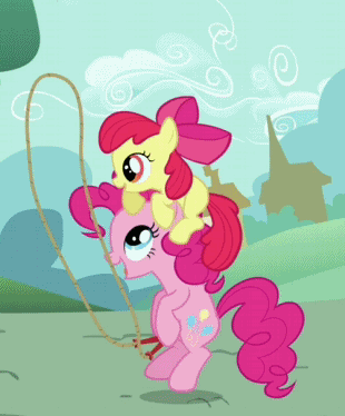 Size: 310x374 | Tagged: safe, screencap, character:apple bloom, character:pinkie pie, species:earth pony, species:pony, episode:a friend in deed, g4, my little pony: friendship is magic, adorabloom, animated, cute, diapinkes, duo, duo female, female, filly, gif, jump rope, mare, pony hat