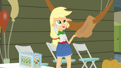 Size: 1920x1080 | Tagged: safe, screencap, character:applejack, equestria girls:equestria girls, g4, my little pony:equestria girls, apple, apple cider (drink), balloon, chair, cider, clothing, container, cowboy hat, denim skirt, freckles, gymnasium, hat, lockers, open mouth, pumpkin, skirt, solo, stetson, table