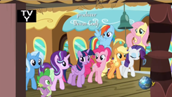 Size: 1364x768 | Tagged: safe, screencap, character:applejack, character:fluttershy, character:pinkie pie, character:rainbow dash, character:rarity, character:spike, character:starlight glimmer, character:trixie, character:twilight sparkle, character:twilight sparkle (alicorn), species:alicorn, species:dragon, species:pony, episode:all bottled up, g4, my little pony: friendship is magic, mane seven, mane six, tv-y