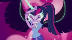 Size: 1280x720 | Tagged: safe, screencap, character:midnight sparkle, character:twilight sparkle, character:twilight sparkle (scitwi), species:eqg human, equestria girls:legend of everfree, g4, my little pony:equestria girls, clothing, eyes closed, female, midnight sparkle, nightmare, pajamas, possessed, possession, solo, wings