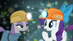 Size: 1920x1080 | Tagged: safe, screencap, character:maud pie, character:rarity, species:earth pony, species:pony, episode:rock solid friendship, g4, my little pony: friendship is magic, bow, clothing, discovery family logo, duo, gem, gem cave, hard hat, hat, helmet, mining helmet