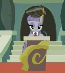 Size: 403x450 | Tagged: safe, screencap, character:maud pie, species:earth pony, species:pony, episode:rock solid friendship, g4, my little pony: friendship is magic, bipedal, bipedal leaning, clothing, cropped, female, graduation, graduation cap, hat, leaning, mare, podium, solo