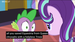 Size: 2560x1440 | Tagged: safe, screencap, character:spike, character:starlight glimmer, species:dragon, episode:celestial advice, g4, my little pony: friendship is magic, helpless, meme, twilight's castle, youtube caption