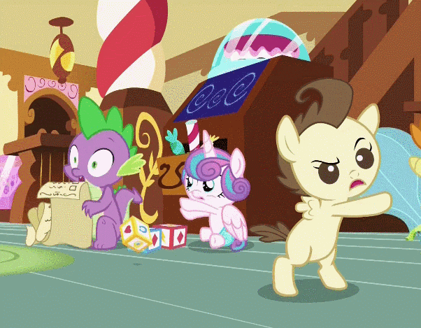 Size: 602x469 | Tagged: safe, screencap, character:pound cake, character:princess flurry heart, character:pumpkin cake, character:spike, species:alicorn, species:dragon, species:pony, episode:a flurry of emotions, g4, my little pony: friendship is magic, animated, baby ponies, diaper, female, gif, male, non-animated gif, toy