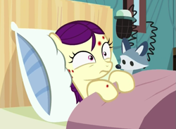 Size: 601x441 | Tagged: safe, screencap, character:boysenberry, species:pony, episode:a flurry of emotions, g4, my little pony: friendship is magic, cute, female, filly, horsey hives, plushie, ponyville hospital, sick, solo
