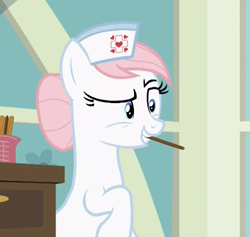 Size: 414x393 | Tagged: safe, screencap, character:nurse redheart, species:pony, episode:a flurry of emotions, g4, my little pony: friendship is magic, raised eyebrow, solo, tongue depressor