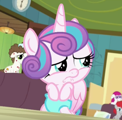 Size: 414x407 | Tagged: safe, screencap, character:princess flurry heart, character:super funk, character:train tracks, species:pony, episode:a flurry of emotions, g4, my little pony: friendship is magic, about to cry, cropped, diaper, horsey hives, ponyville hospital, sad
