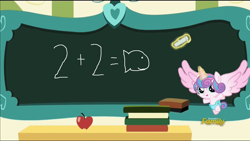 Size: 1280x720 | Tagged: safe, screencap, character:princess flurry heart, species:pony, episode:a flurry of emotions, g4, my little pony: friendship is magic, book, chalk, chalkboard, exploitable meme, flurry art, flurry heart's chalkboard, food, math, meme, solo, the fairly oddparents