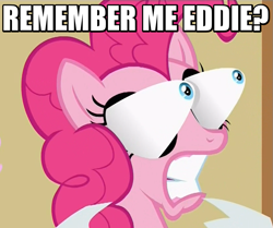 Size: 829x693 | Tagged: safe, screencap, character:pinkie pie, species:pony, episode:a flurry of emotions, g4, my little pony: friendship is magic, christopher lloyd, eye bulging, eye popping, grammar error, image macro, judge doom, meme, pinkie being pinkie, pinkie physics, solo, who framed roger rabbit, wild take