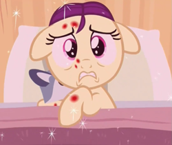 Size: 747x631 | Tagged: safe, screencap, character:boysenberry, species:pony, episode:a flurry of emotions, g4, my little pony: friendship is magic, cute, female, filly, floppy ears, horsey hives, plushie, scared, solo