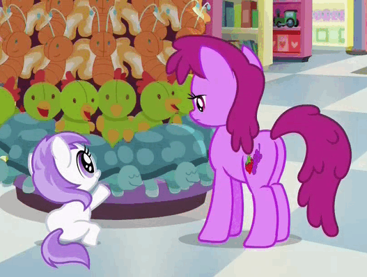 Size: 527x398 | Tagged: safe, screencap, character:berry punch, character:berryshine, species:earth pony, species:pony, episode:a flurry of emotions, g4, my little pony: friendship is magic, animated, cute, diabetes, gif, plushie, titania, toy store