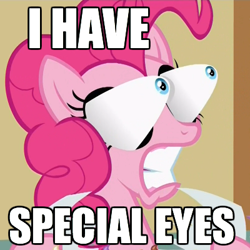 Size: 400x400 | Tagged: safe, screencap, character:pinkie pie, species:earth pony, species:pony, episode:a flurry of emotions, g4, my little pony: friendship is magic, eye bulging, female, frown, gritted teeth, image macro, mare, meme, solo, special eyes, teeth, wat, wide eyes