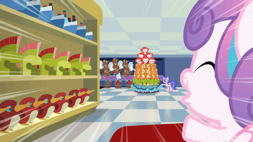 Size: 845x475 | Tagged: safe, screencap, character:princess flurry heart, character:sea swirl, species:pony, species:unicorn, episode:a flurry of emotions, g4, my little pony: friendship is magic, animated, crash, gif, plushie, shopping cart, spoiler, supermarket, wheeeee