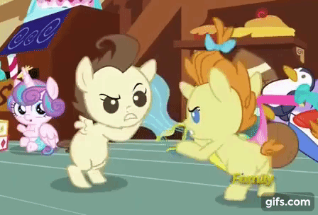 Size: 448x304 | Tagged: safe, screencap, character:pound cake, character:princess flurry heart, character:pumpkin cake, species:pony, episode:a flurry of emotions, g4, my little pony: friendship is magic, animated, bipedal, cropped, discovery family logo, fight, gif, hot air balloon, sugarcube corner, toy, tug of war