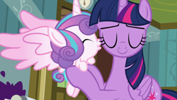 Size: 1280x720 | Tagged: safe, screencap, character:princess flurry heart, character:twilight sparkle, character:twilight sparkle (alicorn), species:alicorn, species:pony, episode:a flurry of emotions, g4, my little pony: friendship is magic, best aunt ever, clock, cute, diaper, eyes closed, flurrybetes, holding a pony, kiss on the cheek, kissing, kissy face, platonic kiss, ponyville hospital