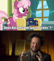 Size: 720x813 | Tagged: safe, screencap, character:cheerilee, species:pony, episode:a flurry of emotions, g4, my little pony: friendship is magic, alien alicorns versus space pirates, ancient aliens, book, giorgio a. tsoukalos, history channel, image macro, meme