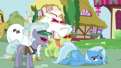 Size: 1280x720 | Tagged: safe, screencap, character:bulk biceps, character:granny smith, character:trixie, species:pony, episode:all bottled up, g4, my little pony: friendship is magic, anger magic, circling stars, derp, magic, trixiebuse