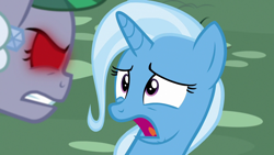 Size: 1280x720 | Tagged: safe, screencap, character:trixie, species:pony, episode:all bottled up, g4, my little pony: friendship is magic, anger magic, clarity cut, jeweler pony, magic, red eyes, scared